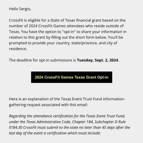 CrossFit Solicita Participação dos Visitantes dos CrossFit Games 2024 para Obtenção de Subsídio no Texas