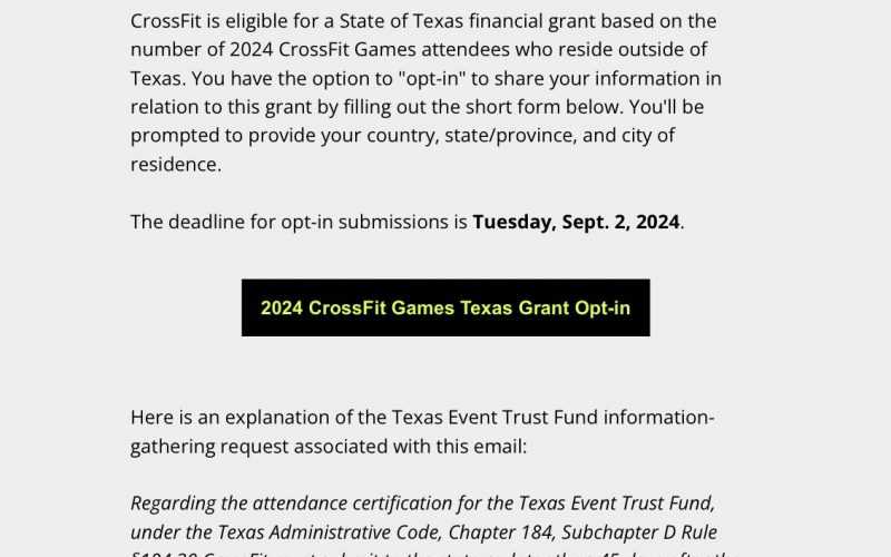 CrossFit Solicita Participação dos Visitantes dos CrossFit Games 2024 para Obtenção de Subsídio no Texas