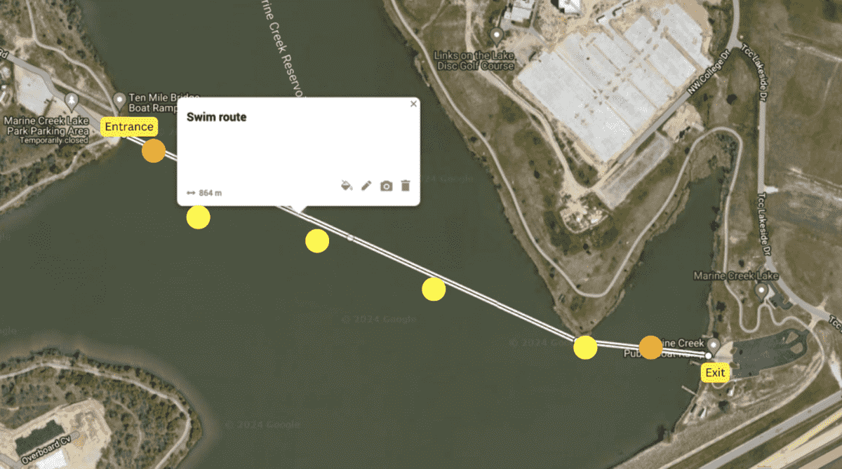 Map A:  Data from maps.google.com, confirming the distance of a straight line to the final yellow buoy and then to the exit. “Entrance” and “Exit” were marked with buoys that aligned with buoy locations seen in Picture 6 below.